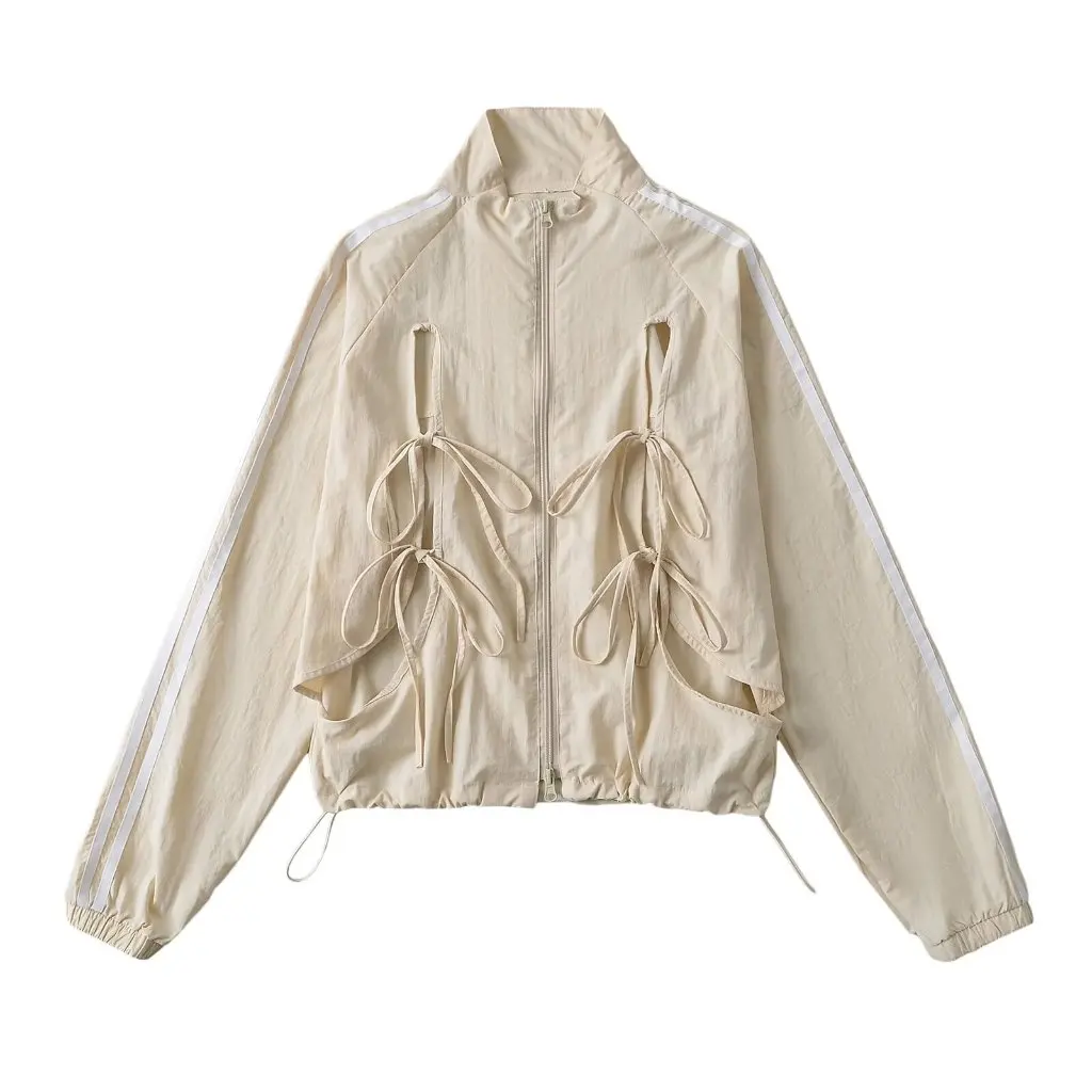 

Korean Style Women's Casual Coat with Bow Tie Double-Head Zipper Design Multi-Wear Sunscreen Jacket for Girls New Fashion