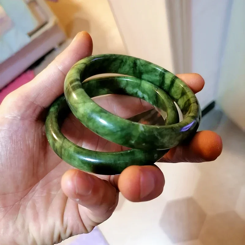 Natural Green White Hand Carved Wide Jade Bracelet Fashion Boutique Jewelry Nanyu Bracelet