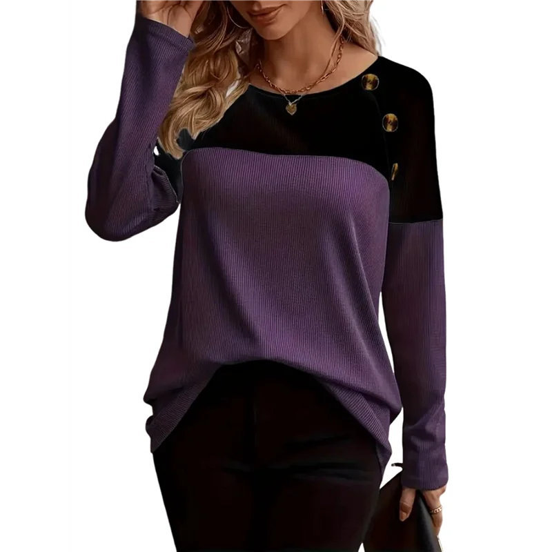 AOAO-Camisas de punto tipo gofre para mujer, camiseta de manga larga con bloques de colores, túnicas con detalle de botones