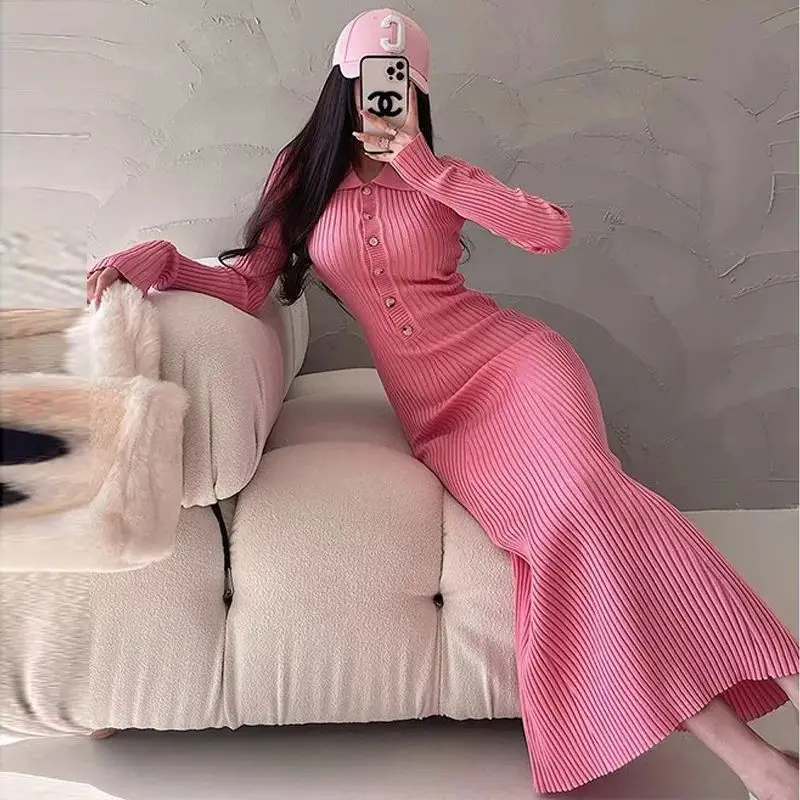 YoungGirlDay Pure Desire Style Sexy Slimming Slimming Flip Collar Long Sleeve Knitted Butt Wrapping Fish Tail Dress Long Skirt