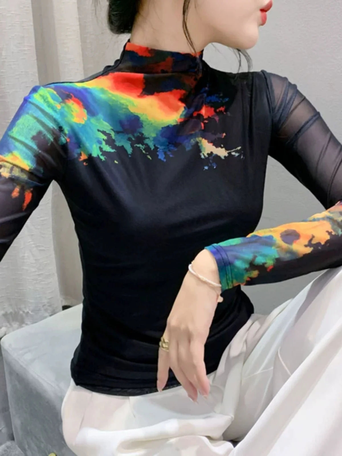 2023 Autumn Winter Turtleneck Long Sleeve T-shirt Tees For Women High Stretch Slim Printed Mesh TShirts Female Tops FF0865