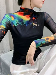 2023 Autumn Winter Turtleneck Long Sleeve T-shirt Tees For Women High Stretch Slim Printed Mesh TShirts Female Tops FF0865