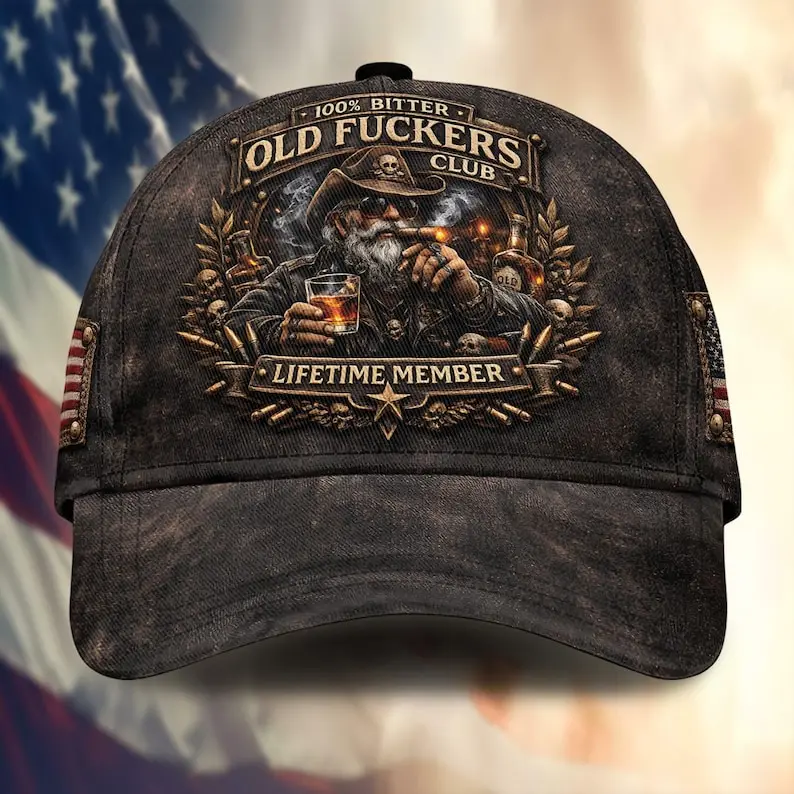 Custom Personalized Name Old Fuckers Club Printed Hat, Bitter Lifetime Member Cap, Vintage Biker Old Man Design Cap, Funny