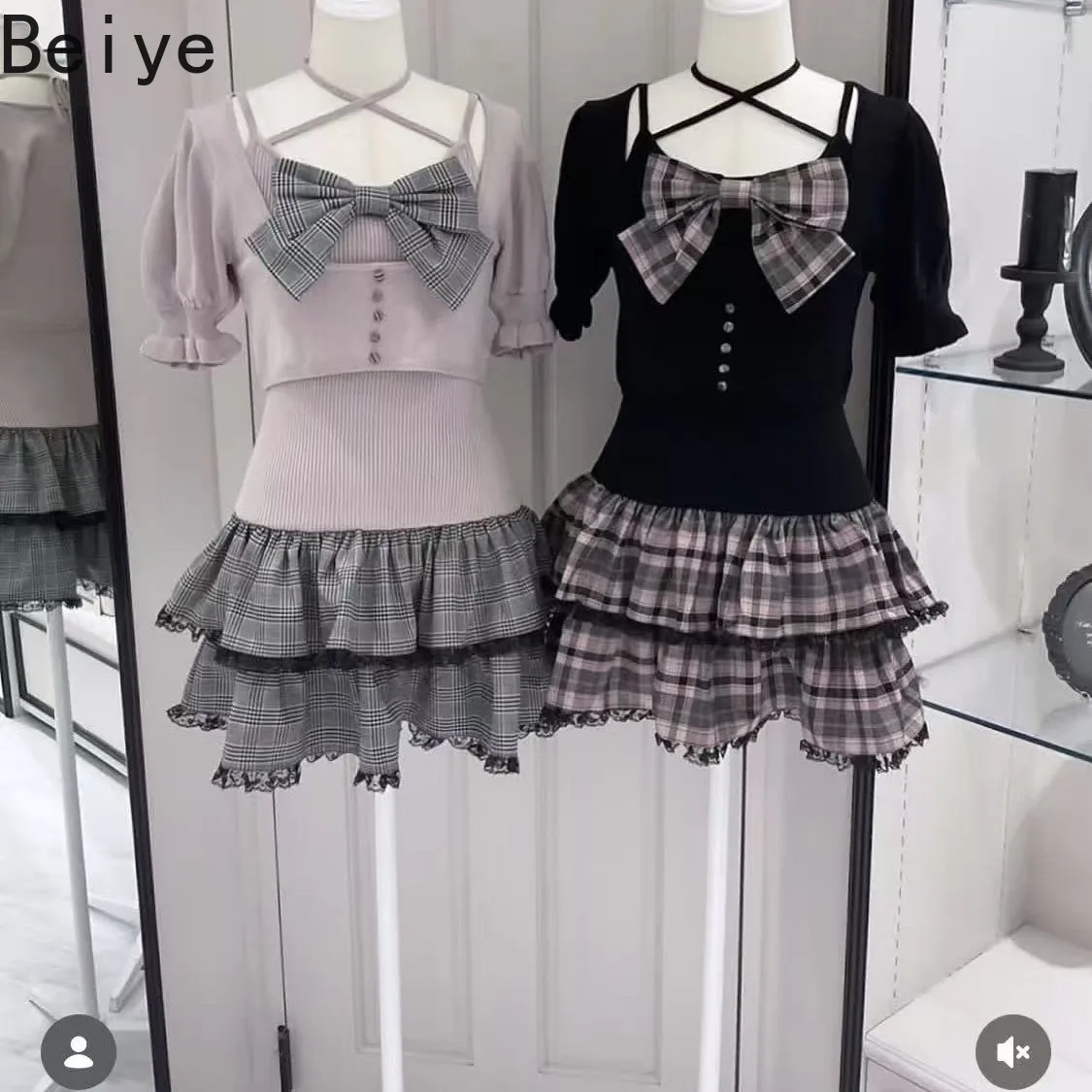 Original Bow Retro 2 Piece Dresses Set Women Tie-neck Cake Splicing Suspender Dress + Cardigan Suit for Girl Japanese Style