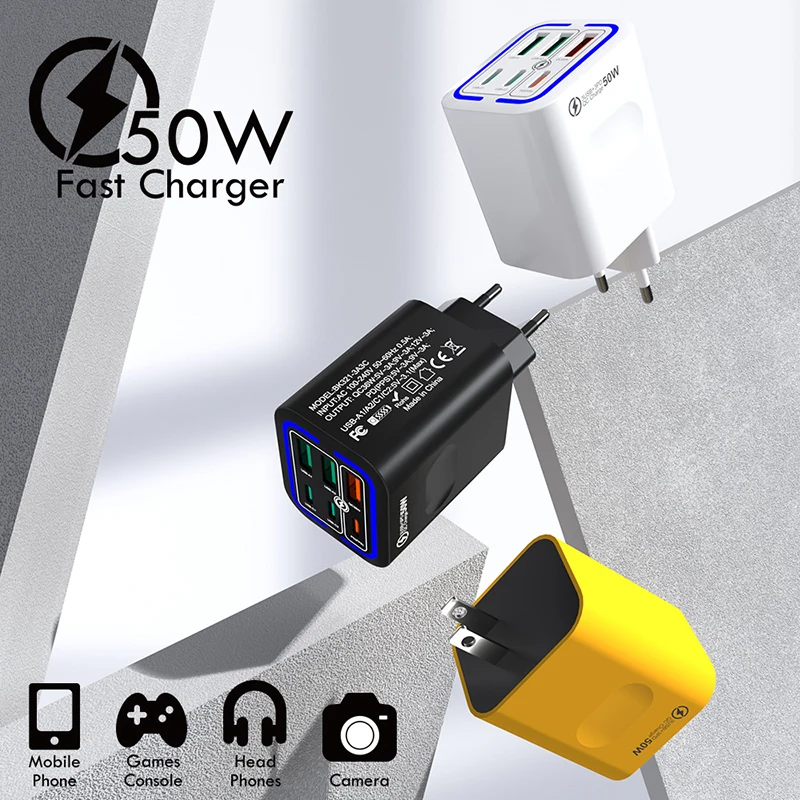 Xiaomi Fast Charger 50W  3PD 3USB 6Port Charger Fast Charging Travel Charger USB PD EU US Plug For iphone Huawei Samsung Xiaomi