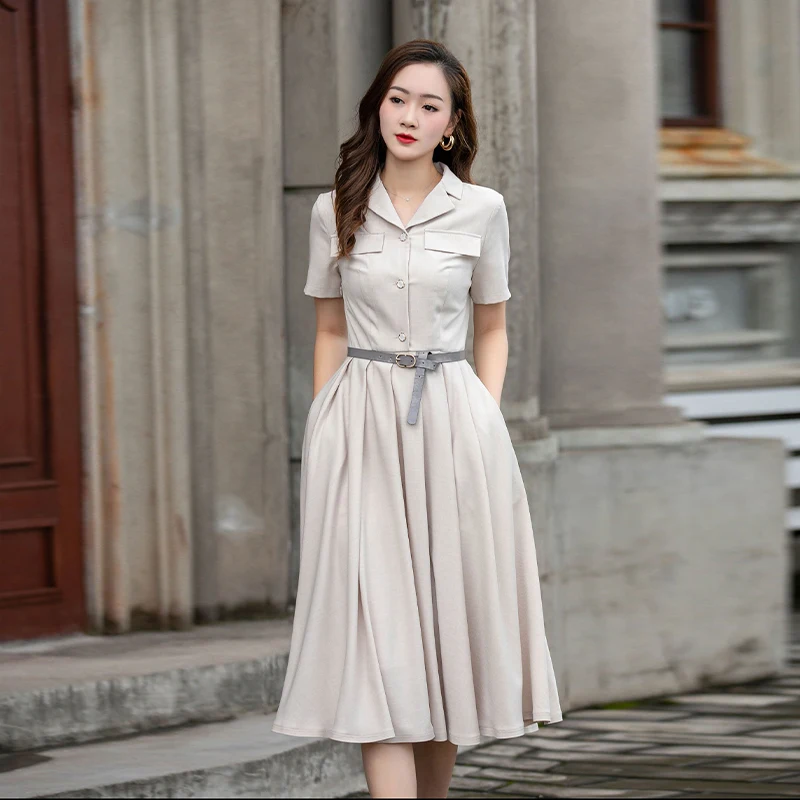 

Off-white bamboo-knot linen dress, spring/autumn 2026 vintage literary style, waist-cinching slim fit, notch collar, long dress