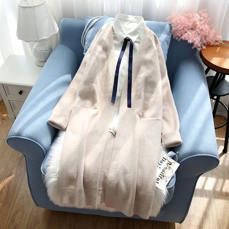 

Knitted Cardigan for Women, Long Sweater, V-neck, Monochromatic, Pocket, Office Lady, Female Outwear, Coat Tops, Winter, 2022