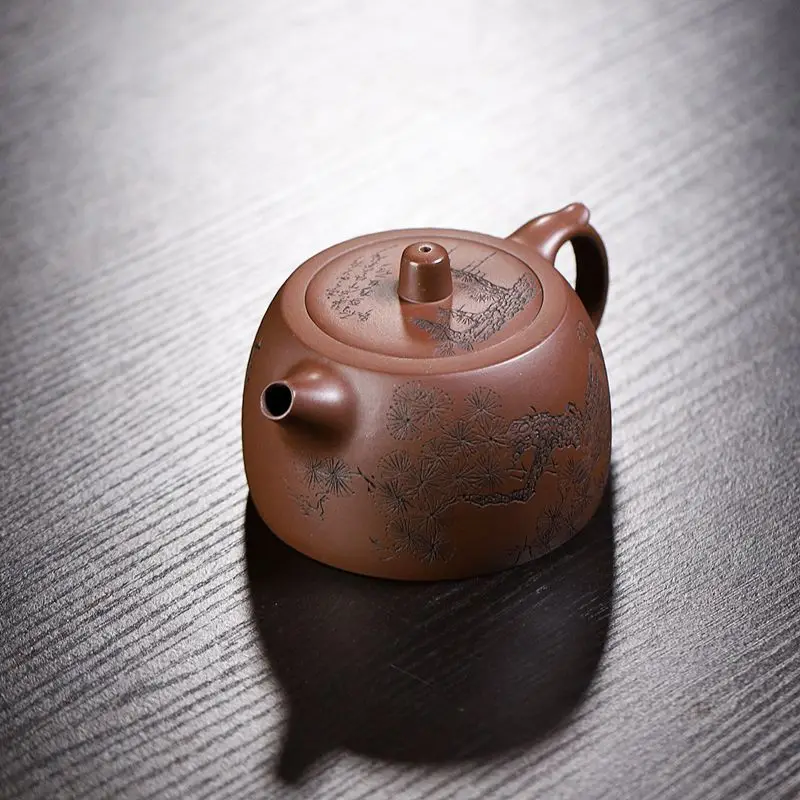 Handmade Yixing Famous Purple Clay Teapot Carved Ore Leather Well Curb Set 240C