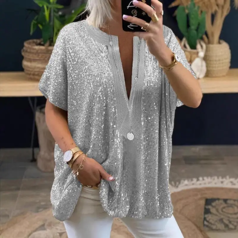 Casual Loose Sequin V-Neck Short Sleeve Women's Shirt Street Style Fashion Bright Spangled Top for Ladies