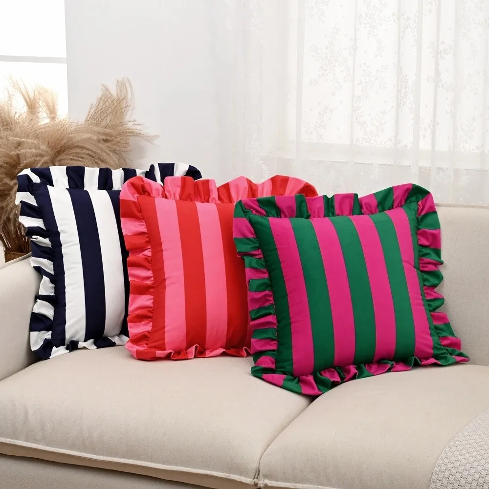 Striped Pillow Case Cover Lotus Leaf Skirt Edge Soft Bedding Pillow Cover Velvet Home Decor Cozy Cushion Cases Couch Bedroom