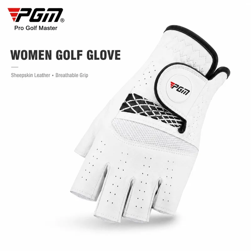 PGM Women Golf Glove Half Finger Sheepskin Leather Breathable Anti Slip Grip with Removable Ball Marker