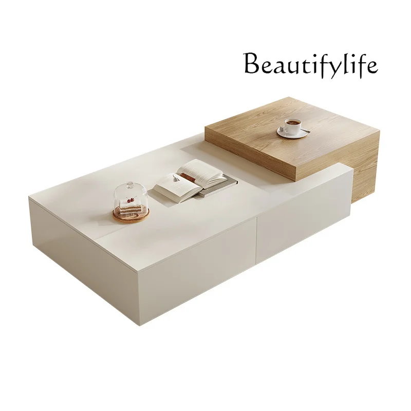 

Coffee table living room new rock slab home wabi sabi log wind light luxury high-end minimalist high-end retractable tea table