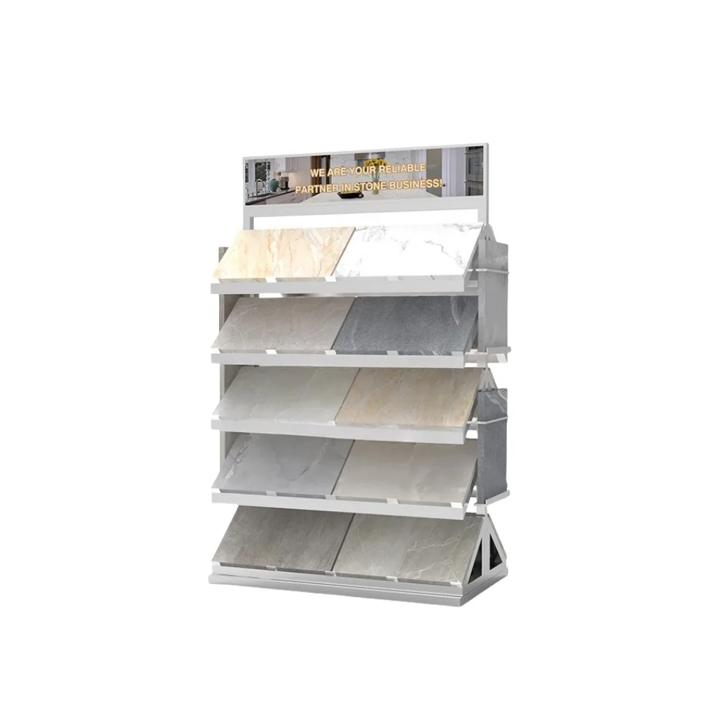 Modern Custom Logo Stone Quartz Tower Display Stand Tile Showroom Rack for Marble Granite Mosaic Glass Metal Display Shelf