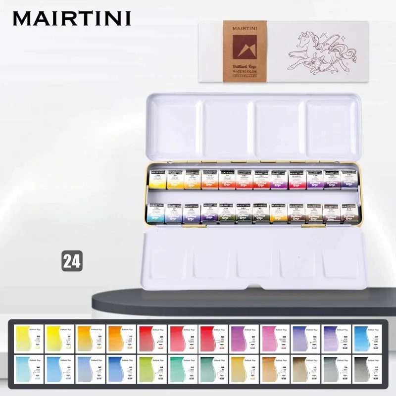 Mairtini Student Grade Solid Watercolor Paint 24 Colors Set Iron Box with Portable Palette Watercolor Painting Art Supplies