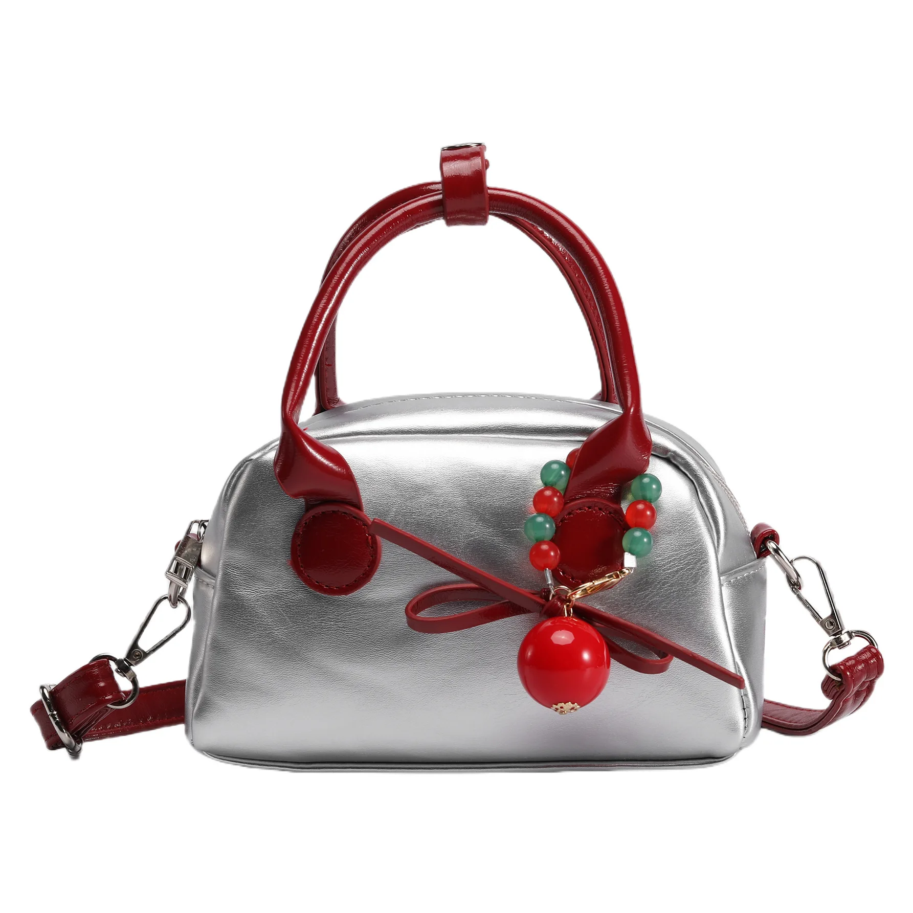 

Red Pillow Handbag Single Shoulder Crossbody Small Bag Fashion Bowling Bag Women Girlish Silver Boston Bag Daily Bag Travel