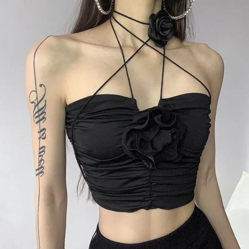 Black Gothic Sexy Crop Tops Women Halter Camis Y2k Vintage Chic Streetwear Flowers Fashion Ins Ladies Summer Pure Skinny Clothes