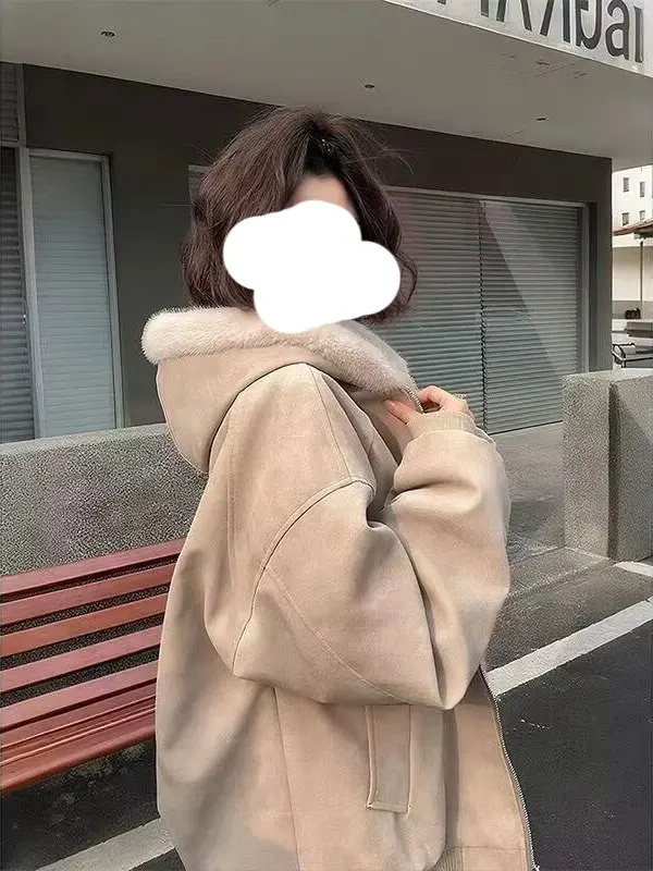 

Зимняя куртка из искусственной кожи с капюшоном для мужчин и женщин, теплая, на флисовой подкладке, в американском ретро-стиле, из хлопка