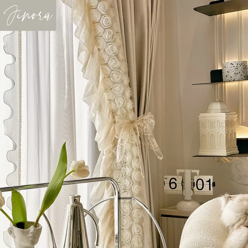 

Romantic Style Curtains for Bedroom Living Room White Tea Rose Glossy Velvet Texture Rococo Curtains Customized Classic Lace