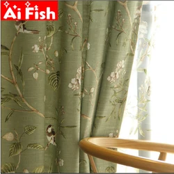 American Country Garden Cotton Linen Green Window Curtains For Living Room Birds Printed Bedroom Window Blackout Drapes WP145-40