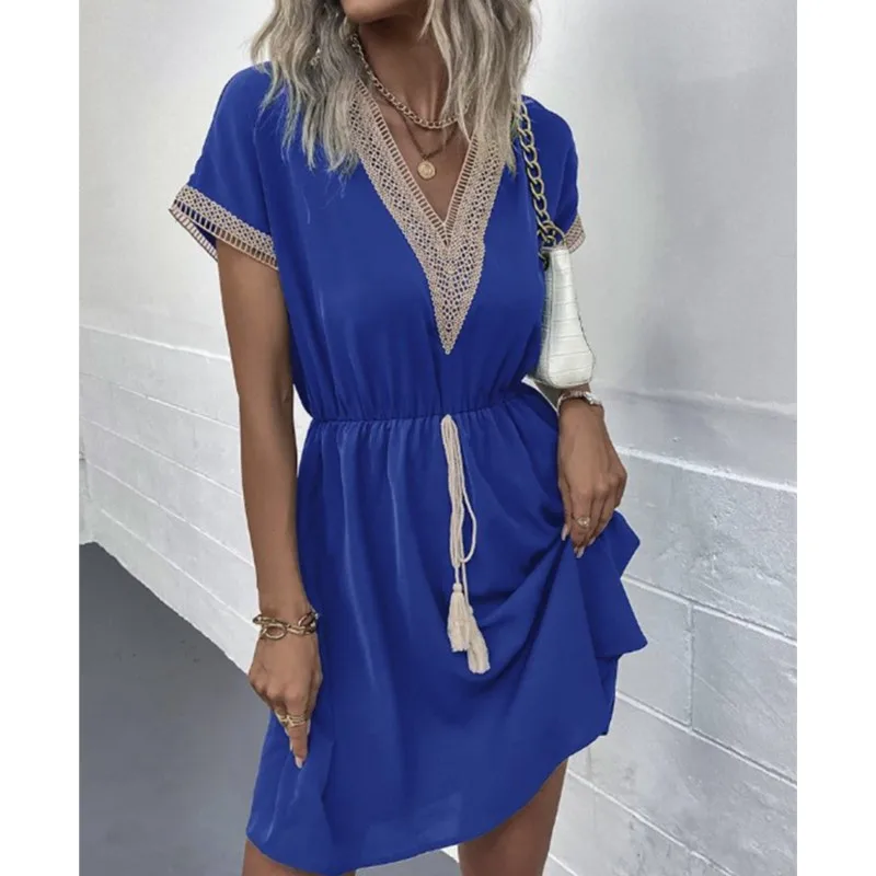 

Spring and Summer Women's New Dress Fresh and Sweet Solid Color Short Sleeve Lace V-Neck Waist Panel Skirt for Women S-3XL