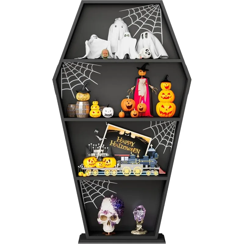 

Книжная полка для гроба в готическом стиле на Хэллоуин 48 дюймов — деревянная высокая полка для гроба с готическим декором в виде паутины, черная жуткая полка для сувениров для дома D