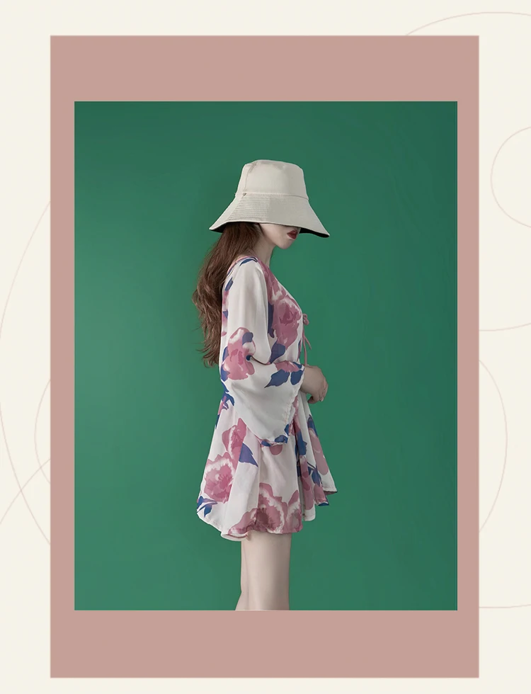 Nuevo traje de baño de tres piezas para piscina conservadora recomendado, pantalones cortos de seguridad con cordones y manga larga con estampado dulce para mujer, traje de baño para parque acuático