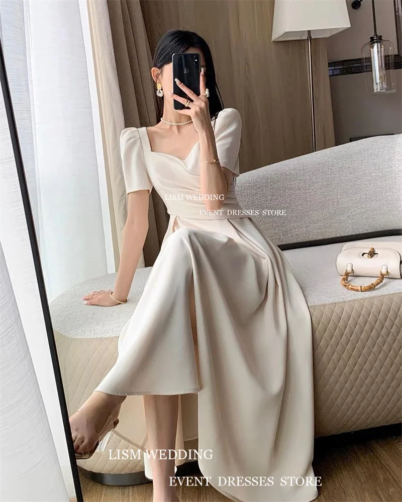 LISM Korean Style Wedding Party Dresses V-Neck Ankle Length A-Line Pleat Formal Occasion Party Dress Vestido de noiva For Women