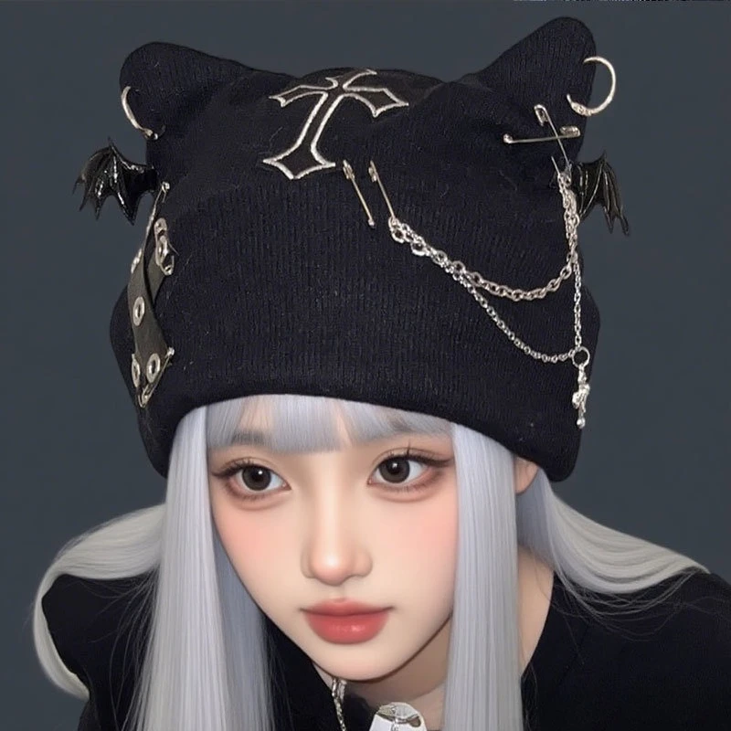 Alt Gothic Cat Ears Knitted Beanie for Women with Cross Chain and Bat Wing Skull Hat, Emo Punk, Casual Outdoor Street Headwear
