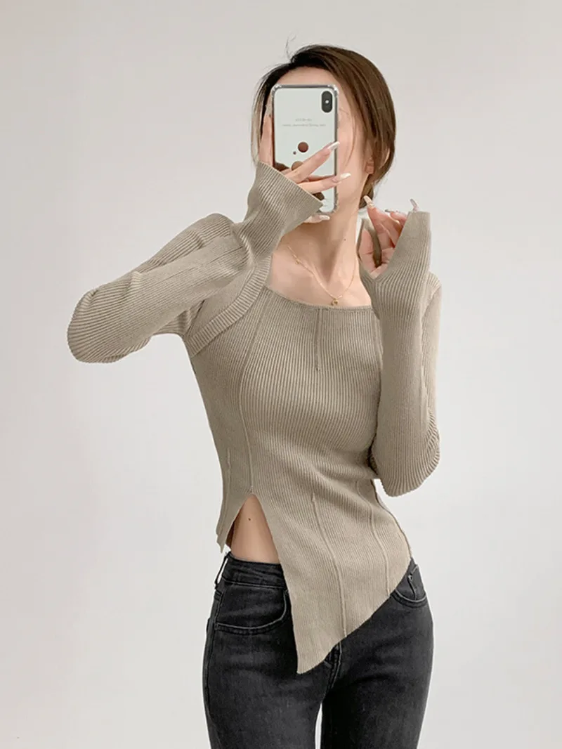 2024 Herbst/Winter neue Hong Kong Stil Retro quadratischen Hals geteilt unregelmäßigen Langarm Pullover Frauen solide schlanke kurze Top i3pr