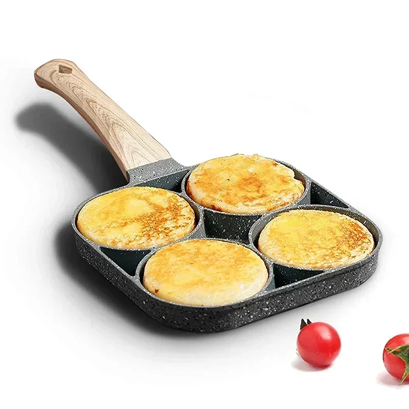 Omelet Pan Four-hole Frying Pot, Thickened Black Non-stick Egg Steak Ham Pancake Wooden Handle Kitchen Cooking Breakfast Maker