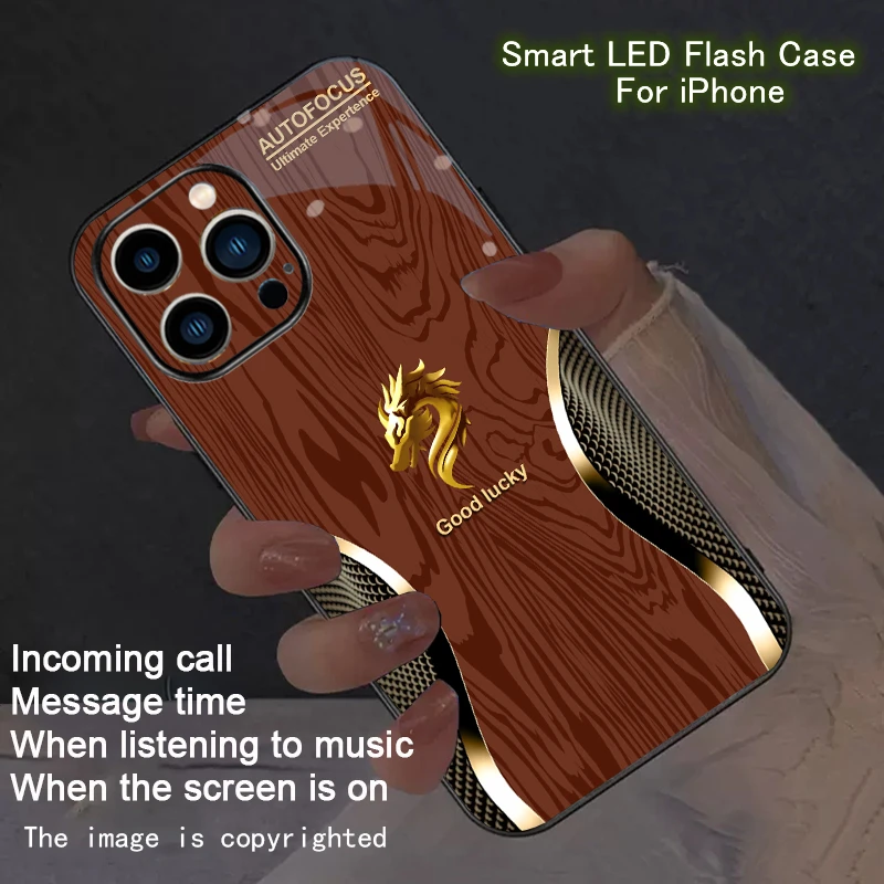 

Wood Grain Dragon Dog Head LED Case For iPhone 17 air 16 15 Pro Max 14 7 8 Plus SE 13 12 Animal Glow Luminous Phone Capa Fundas