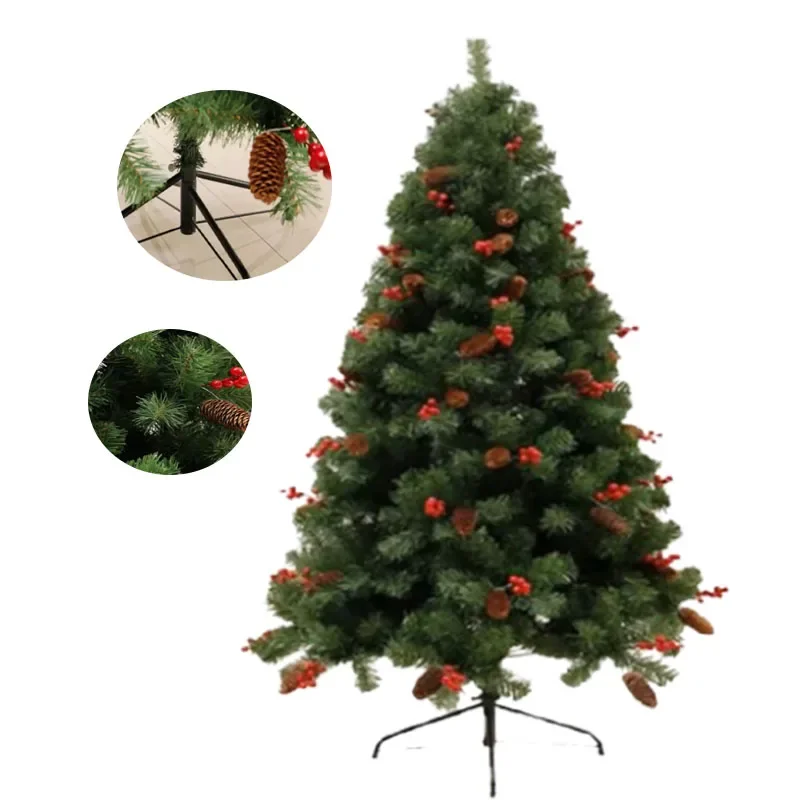 PVC Christmas Tree Stand With Foldable Metal Base And Mixed Pine Cone Red Fruit For Christmas Decorations 120cm-300cm