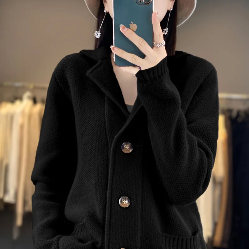 Autumn and Winter New Women\'s Cardigan Lapel 100% Australian Wool Sweater Loose Fashion Knitted Women\'s Cardigan Full Sleeve