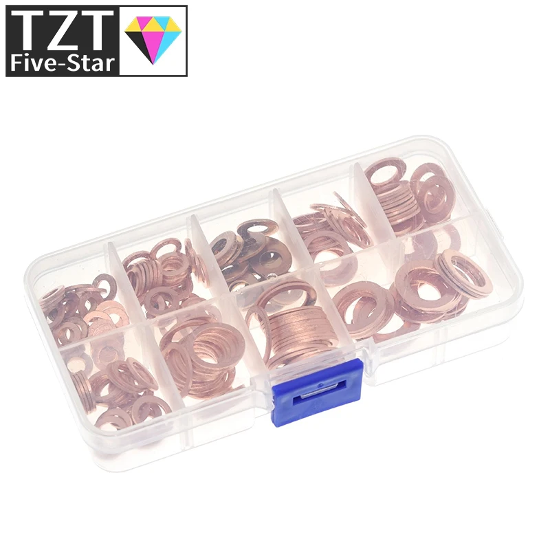 200pcs M5-M14 Professional Assorted Copper Washer Gasket Set Flat Ring Seal Assortment Kit with Box For Hardware Accessories