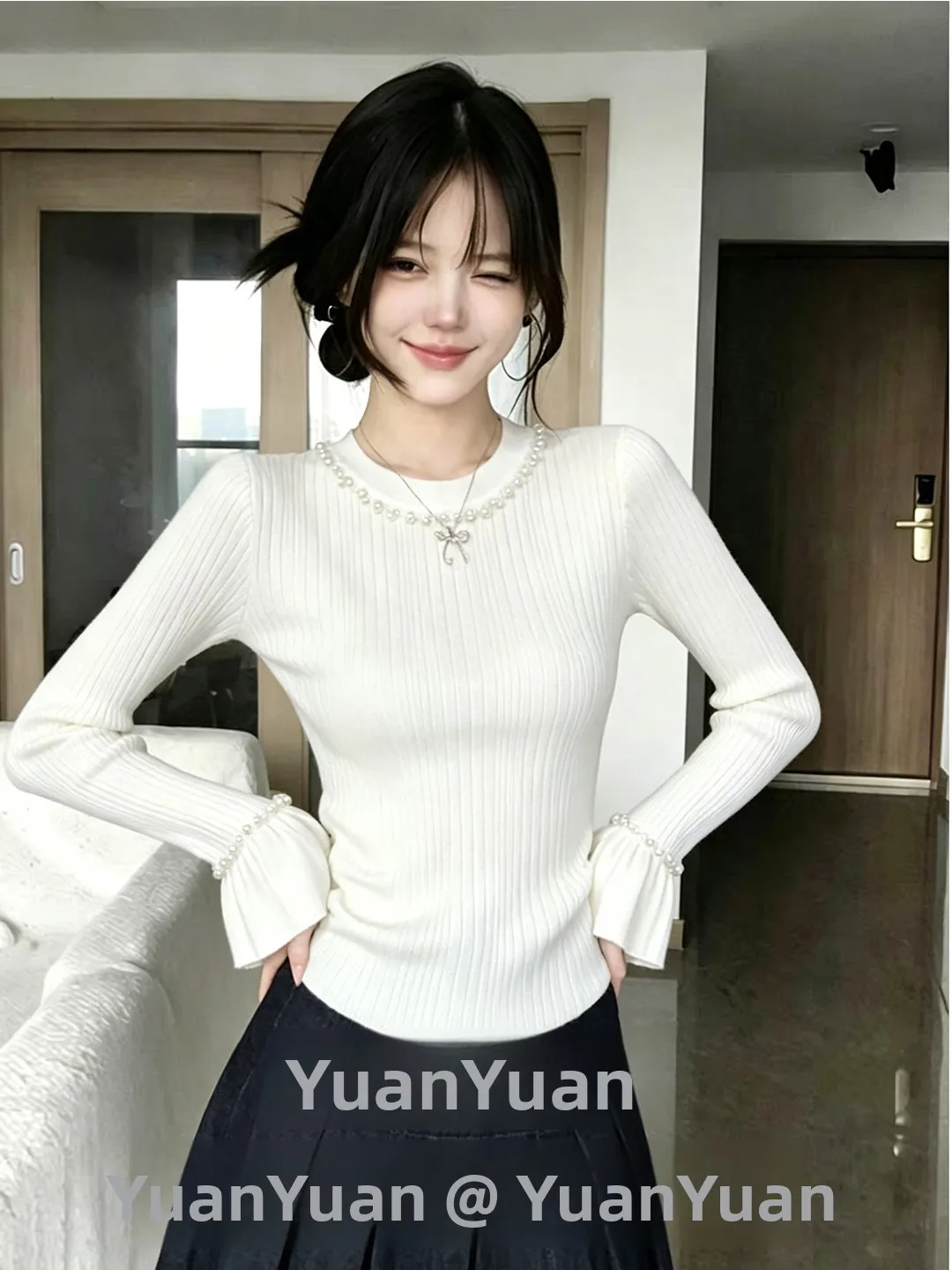 Gentle Korean Style round Neck Beaded Knitwear Long Sleeve Slimming Base Layer Shirt Sweater Top for Women Soft Polyester Fiber