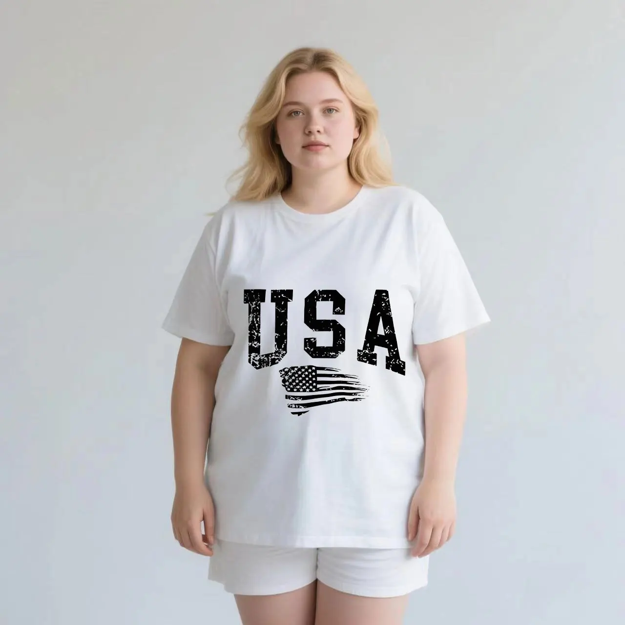 

USA+Flag Pattern Print plus size Ladies' casual short sleeved T-shirt