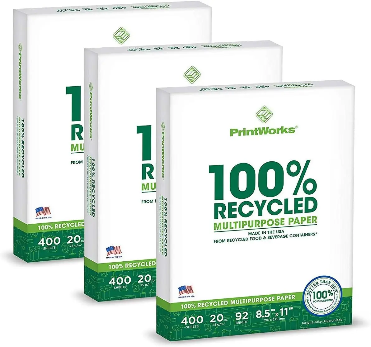 

100% Recycled Printer Paper 8.5x11 White, 20lb Copy Paper - 3 Packs (1200 Sheets) Made in USA, 92 Bright
