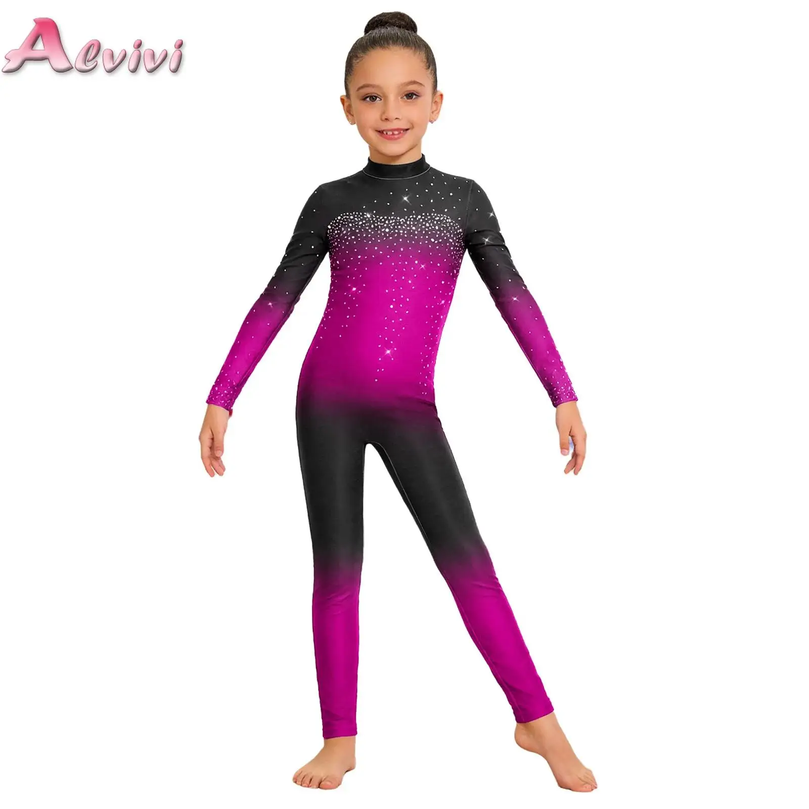 

Kids Girls Acrobatics Gymnastics Jersey Dance Gradient Color Jumpsuit Long Sleeve Shiny Rhinestones Bodysuit for Performance