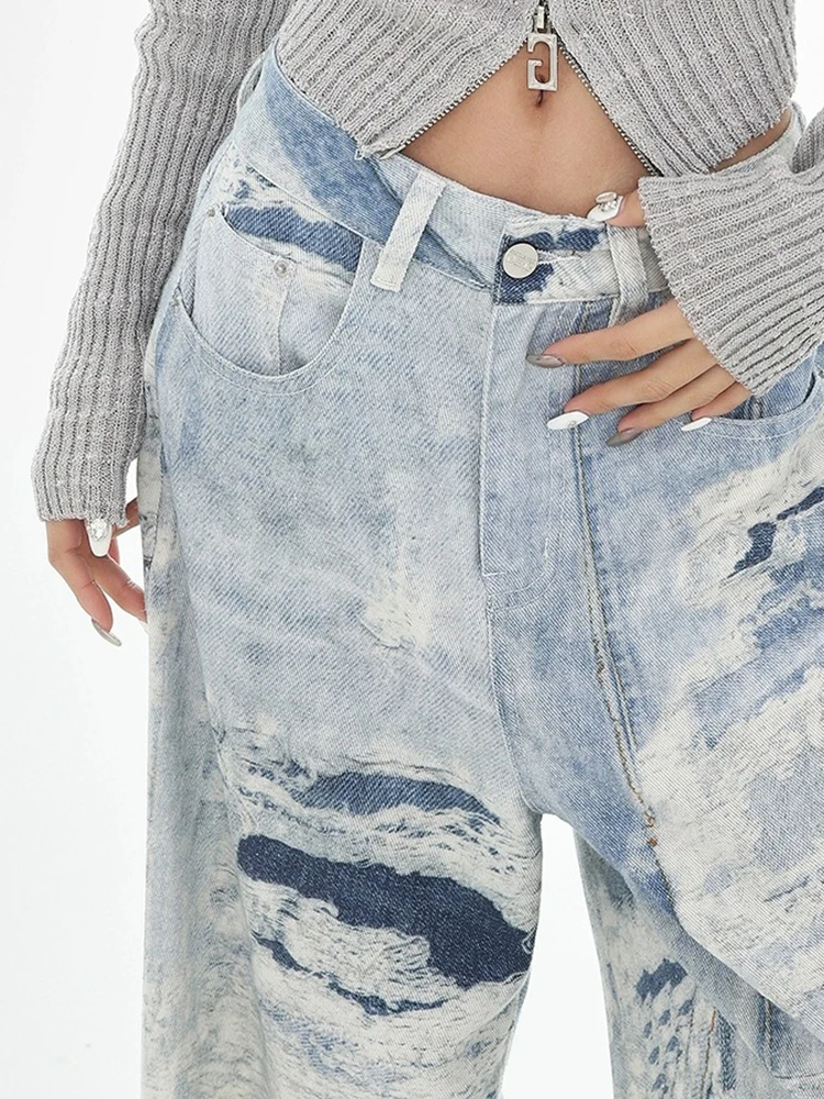 Mueyaruho 2026 primavera verão feminino peruca perna jeans americano tie dye impresso cintura alta solto ajuste calças retas para mulher