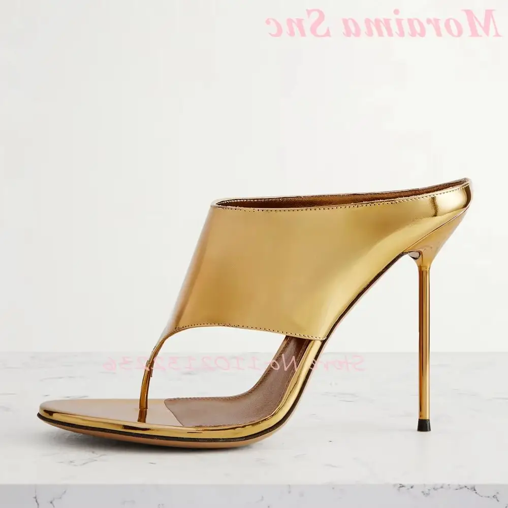 Metallic Gold Mirror Leather Thong Mule Heels for Women Wide Single Strap Open Round Toe Thin Stiletto Heel Glamorous Footwear