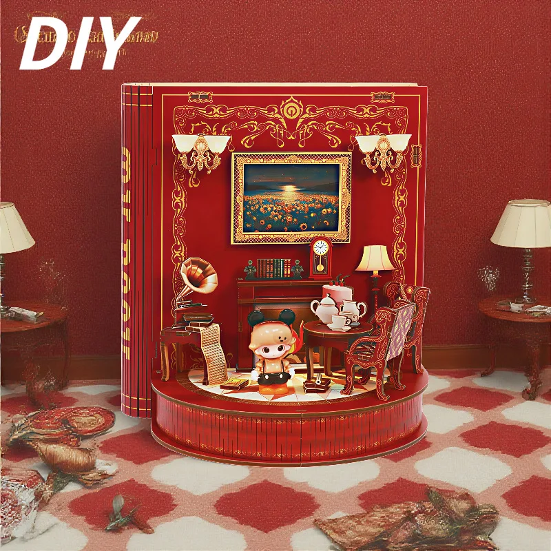 

Book Shape Theatre DIY Dollhouse Kit, 3D Bookstand Mini Room Puzzle, Handmade Assembly Scene Decor Toy Unique Art Craft Gift