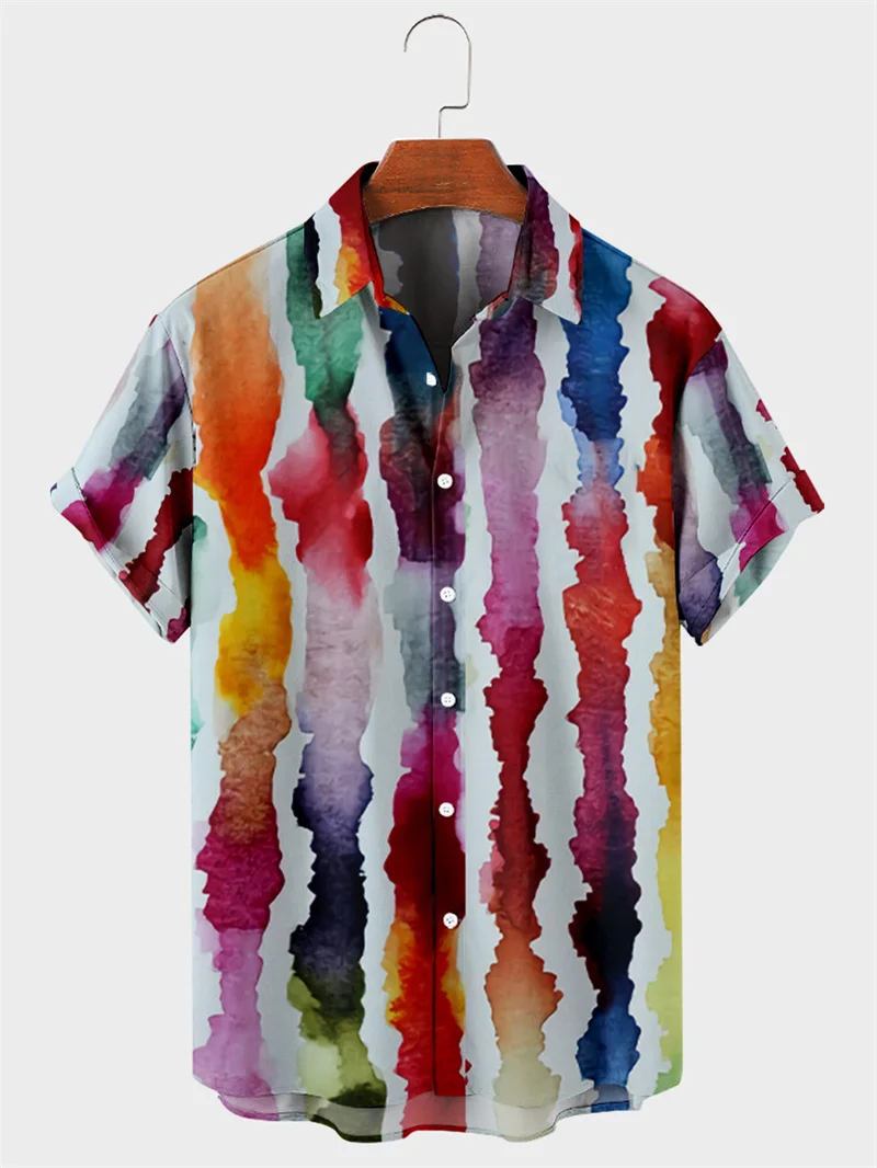 Camisa hawaiana de manga corta para hombre, Camisa de rayas coloridas, Top informal de gran tamaño, 3XL, 2023