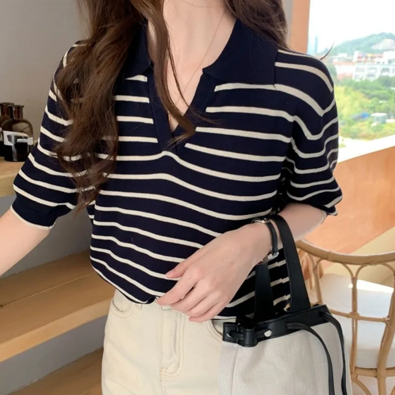 Summer Striped T-Shirt Women Knitted Shirts Pullover Tops Short Sleeve Female Elastic Casual Knit Tee Crop Tops Women's T-Shirts