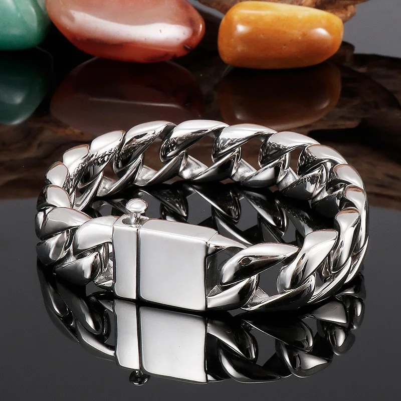 

15mm Punk Miami 18K Gold Color Curb Cuban Chain Bracelet Men Women Hiphop Retro Shiny Stainless Steel Biker Bike Bangle Jewelry