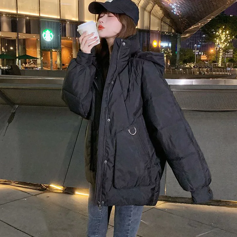 韓国スタイルの女性の厚い暖かいダウン綿ジャケットカジュアルフード付き秋冬綿入りアウターウェアパープル女性パーカー