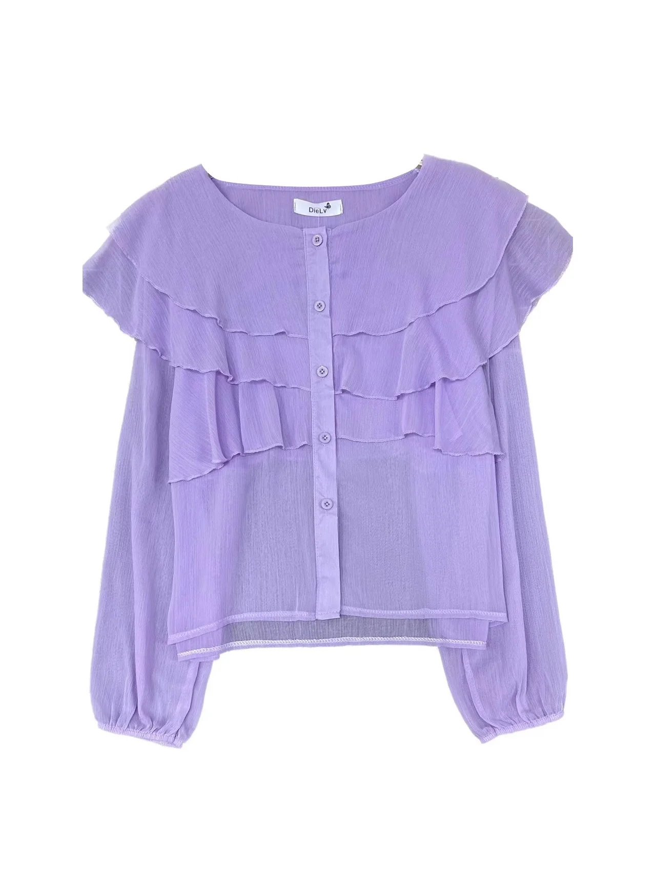 Chemisier en mousseline de soie violette pour femmes, rond, Base Ne irt, dentelle, lanterne Sve irt, pour les déplacements, Version coréenne, printemps 2023