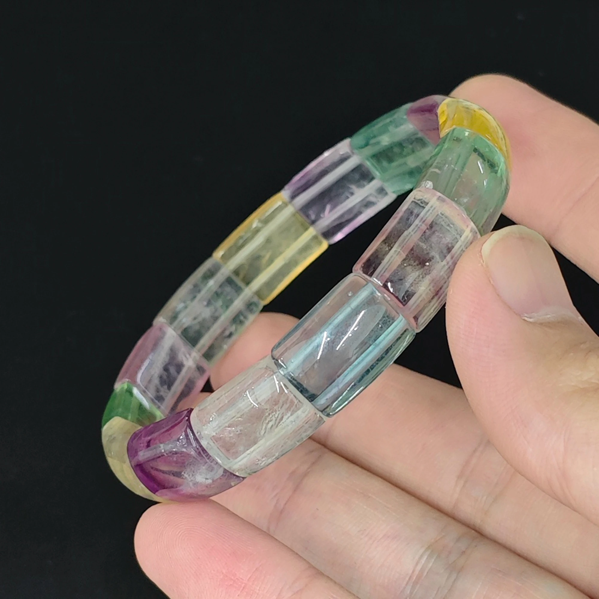 Rectangular Rainbow Fluorite Tube Bead Bracelet 16mm Bar Segment Bangle for Women 17cm Wrist Size