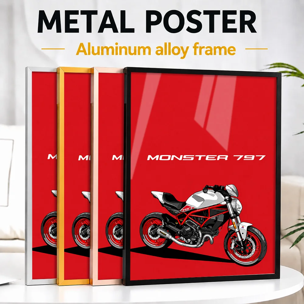 Italian Monster 797 Motorcycle Framed Aluminum Metal Poster Customized Graphic Illustration Wall Art For Rider Lounge Or Garage
