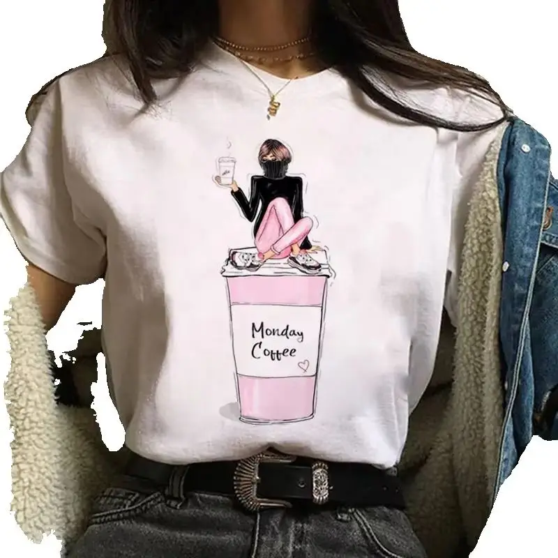 

Coffee Urban Crew-neck Printed T-shirt Short-sleeved Women's Wear Graphic Tops Graphic T Shirts Tops Summer polyester fabric