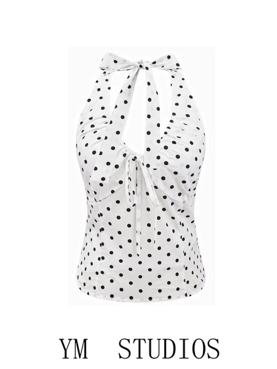White Polka Dot V-Neck Backless Strap Vest Women's Summer Sexy Outerwear Top Polyester Short Length Fashion Element